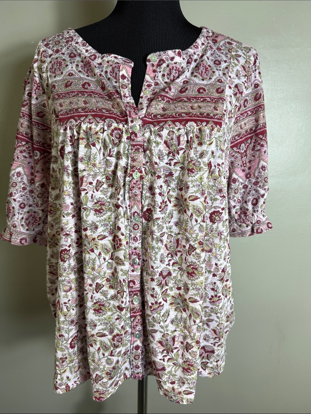 Lucky Brand Floral Split-Neck Button Front Women’s Top Pinks White Green XL NWT
